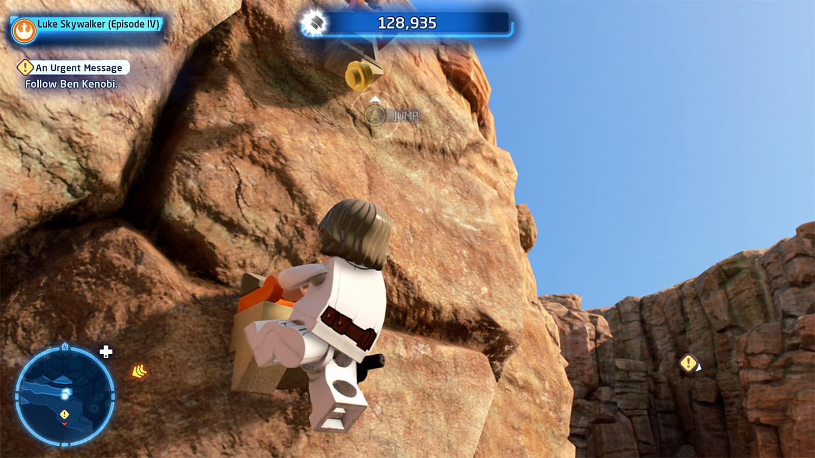 Luke Skywalker grappling up a cliff in LEGO Star Wars The Skywalker Saga