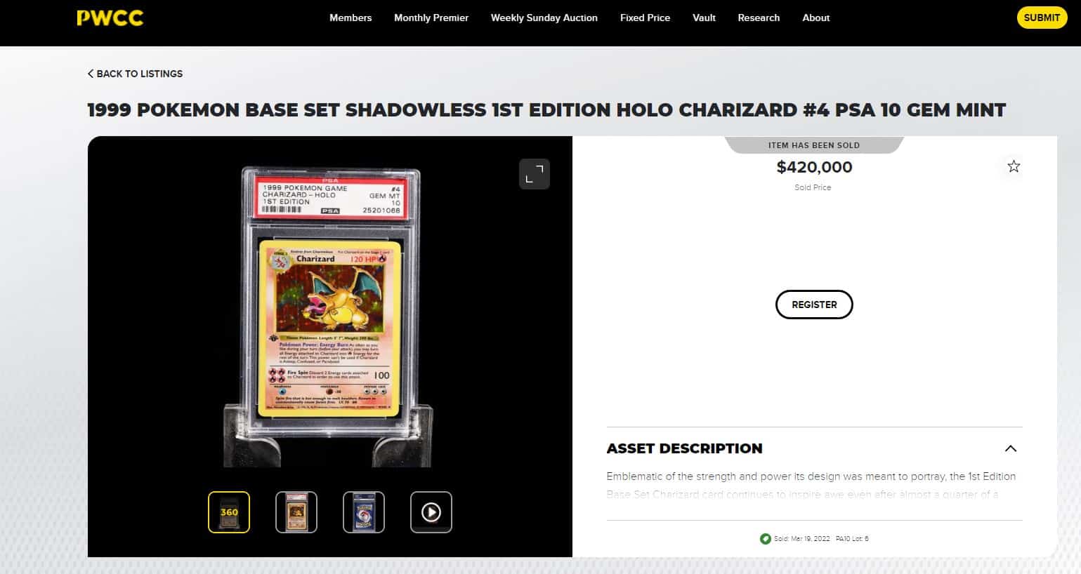 1st Edition Charizard Pokemon Card broke records PWCC auction screenshot.