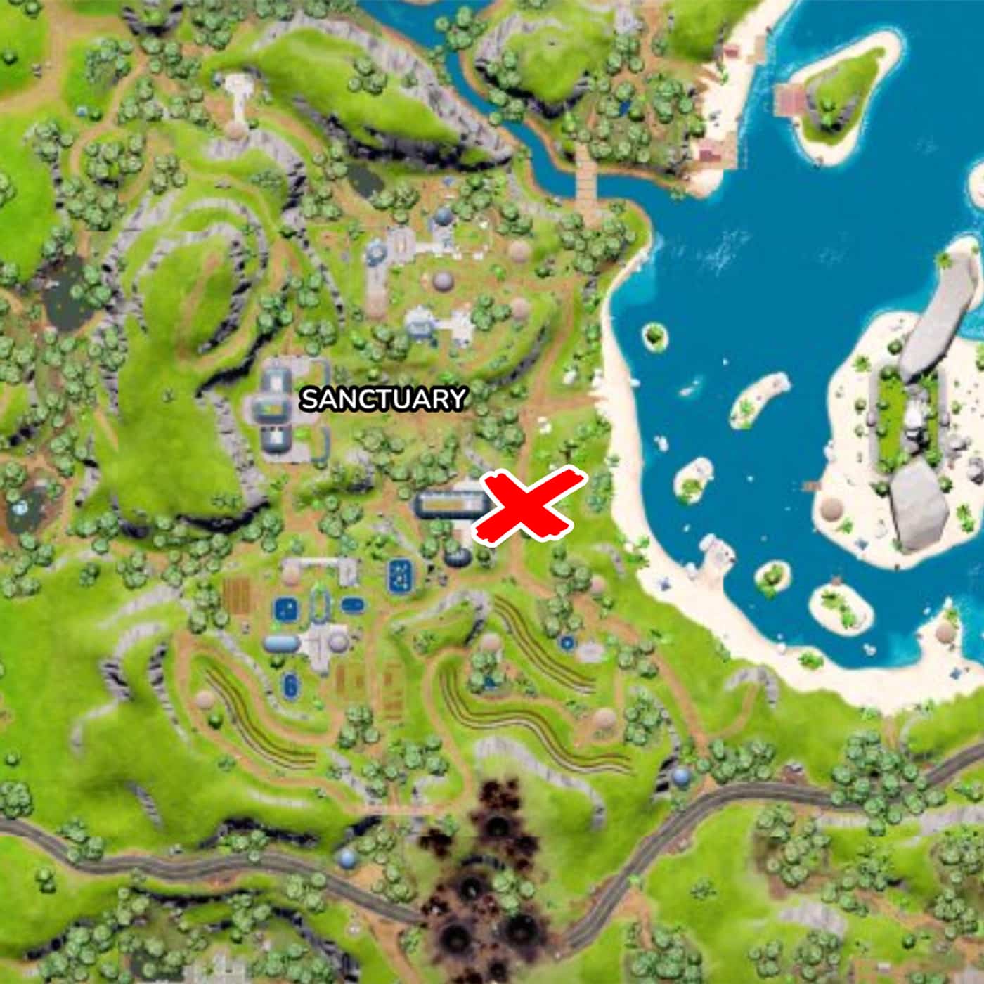 The Armored Battle Bus location on the Fortnite map