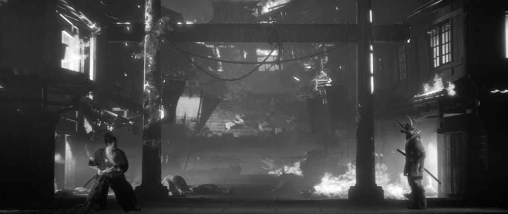 Trek to Yomi screenshot showing combat in a burning arena