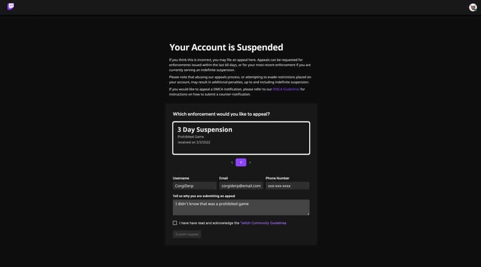Twitch ban appeal portal
