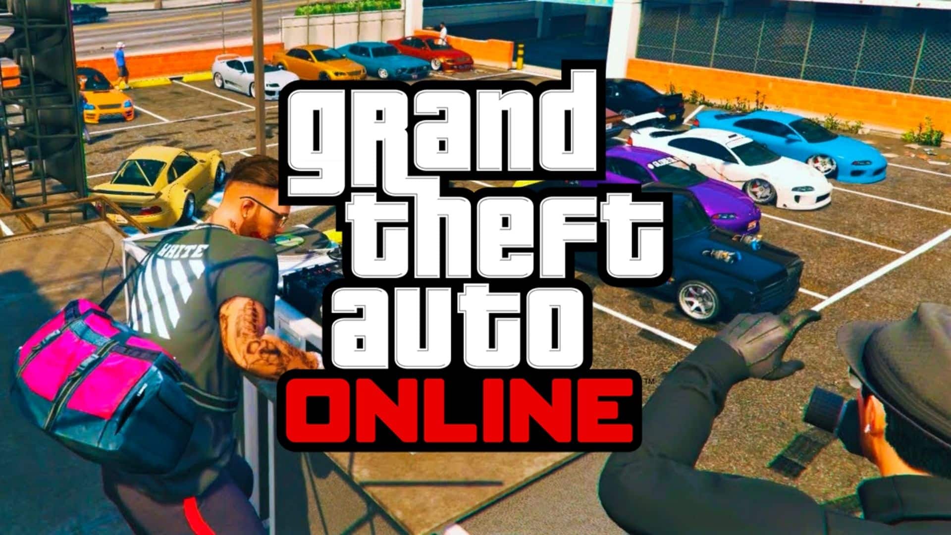GTA Online players with cars at DJ party and GTA Online logo