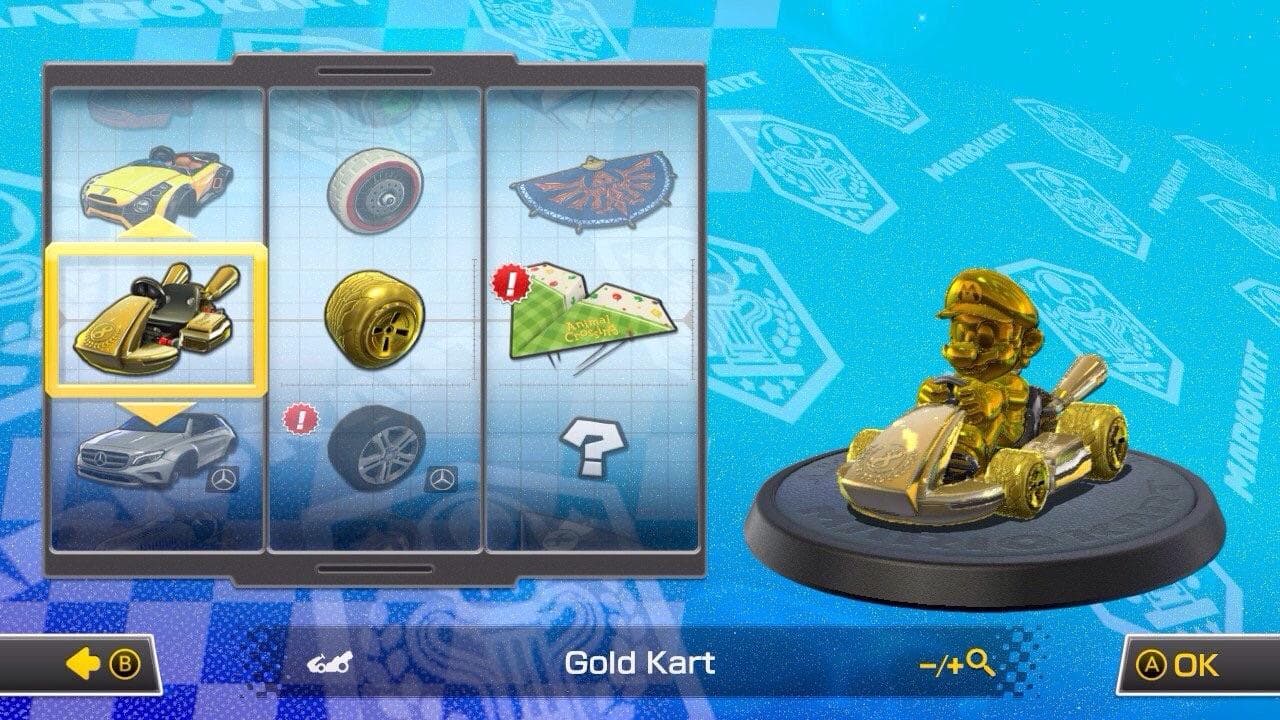 A screenshot of the car selection screen in Mario Kart 8 Deluxe. 