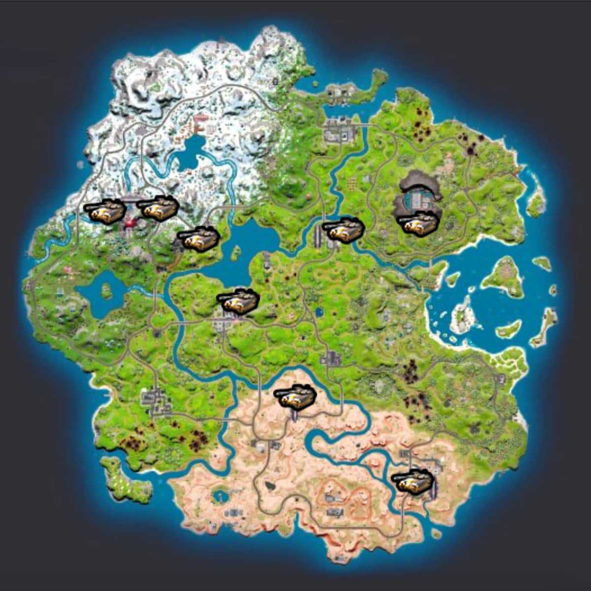 All tank locations marked on the Fortnite map