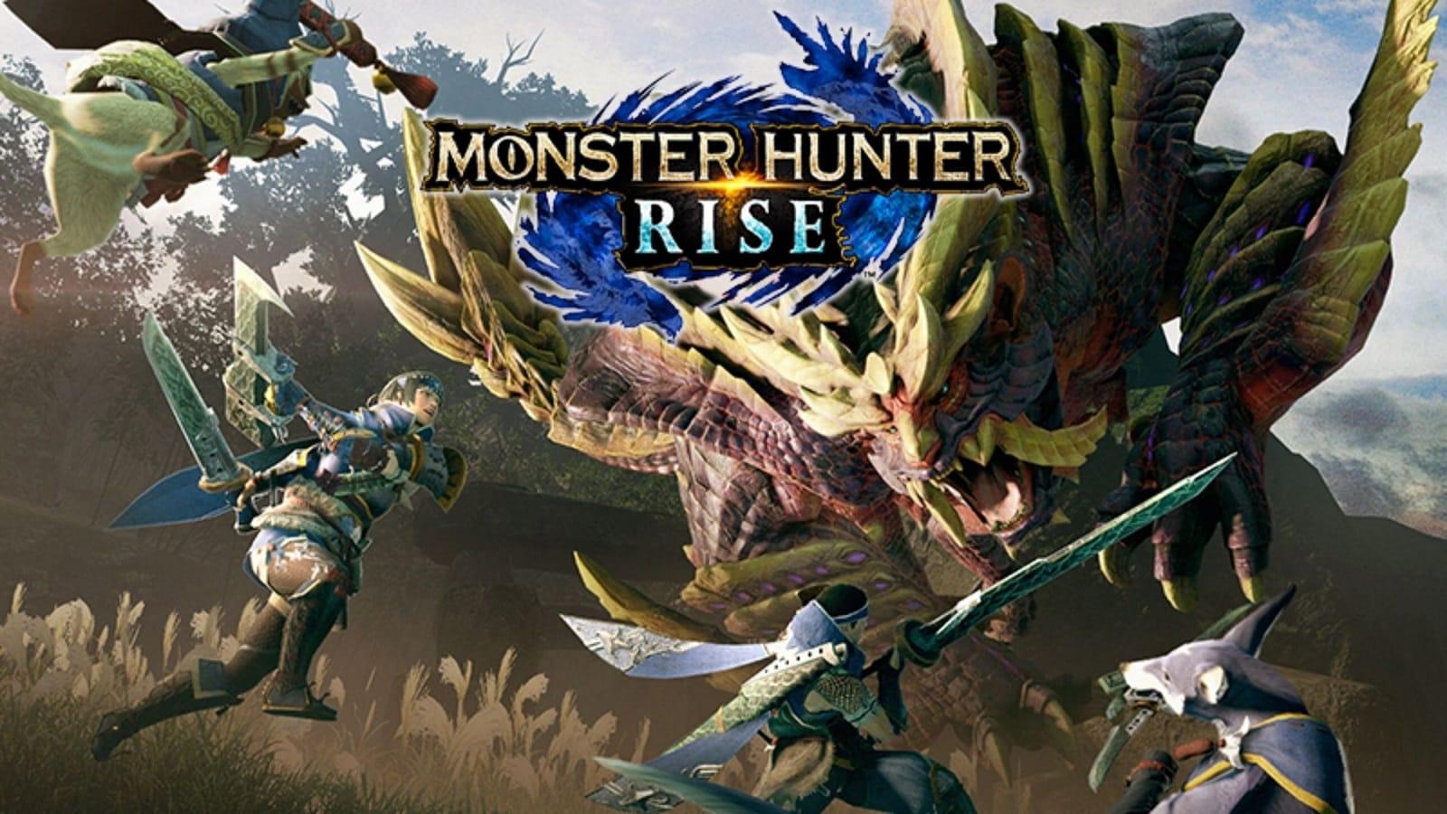 Monster Hunter Rise logo with a Magnamalo hunt