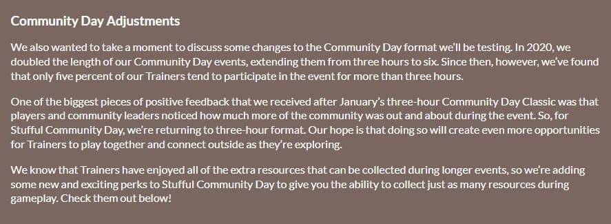 pokemon go community day message regarding shortening the event to three hours