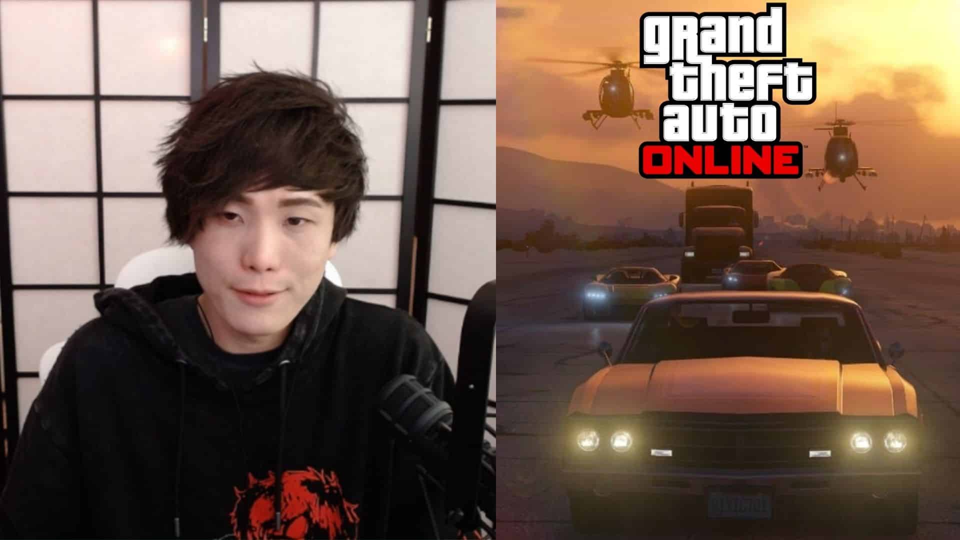 an image of Sykunno with a japanese wall background next to a car rendered in GTA facing the camera