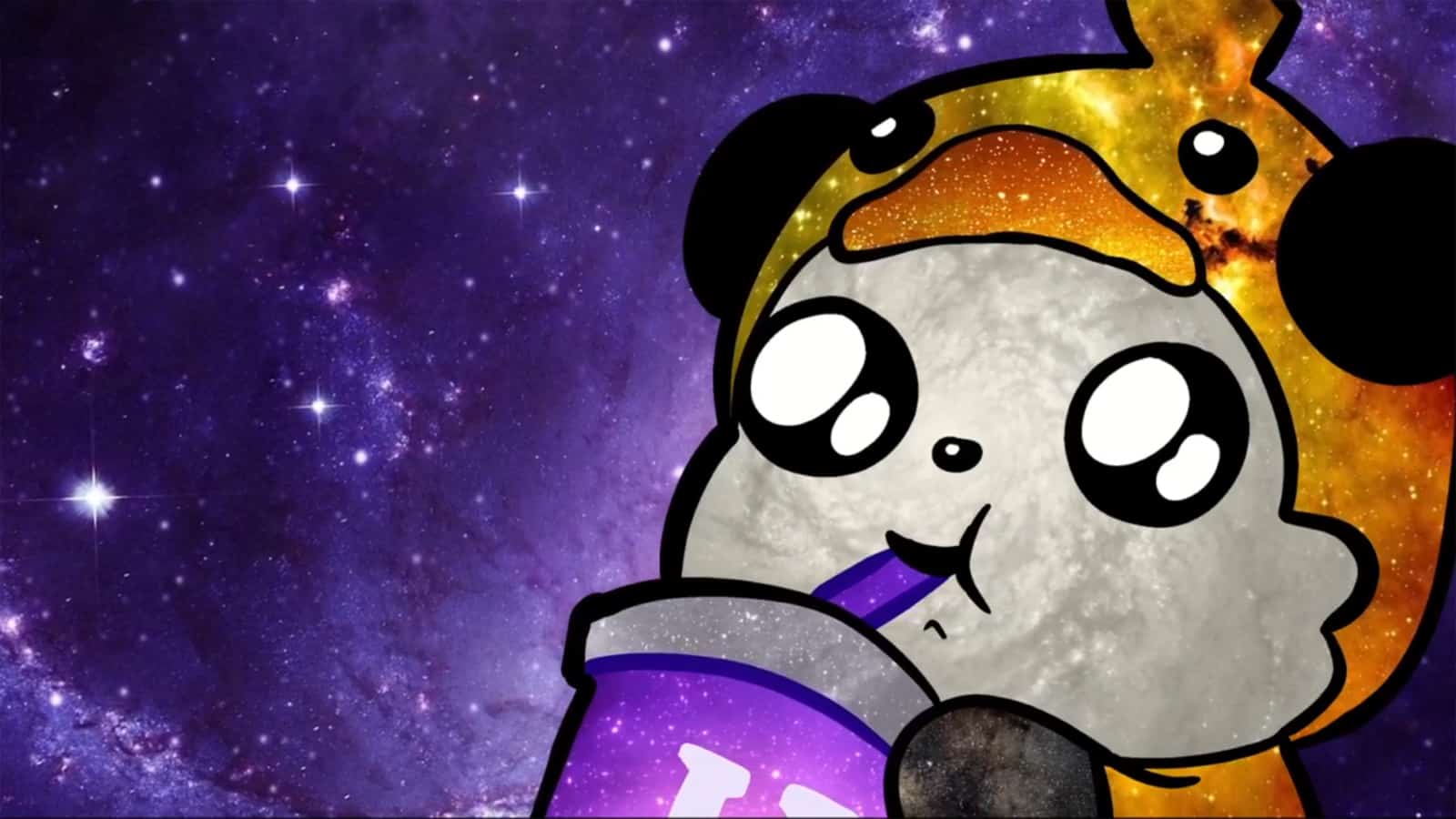 AdmiralBahroo emote of panda drinking from straw on starry background