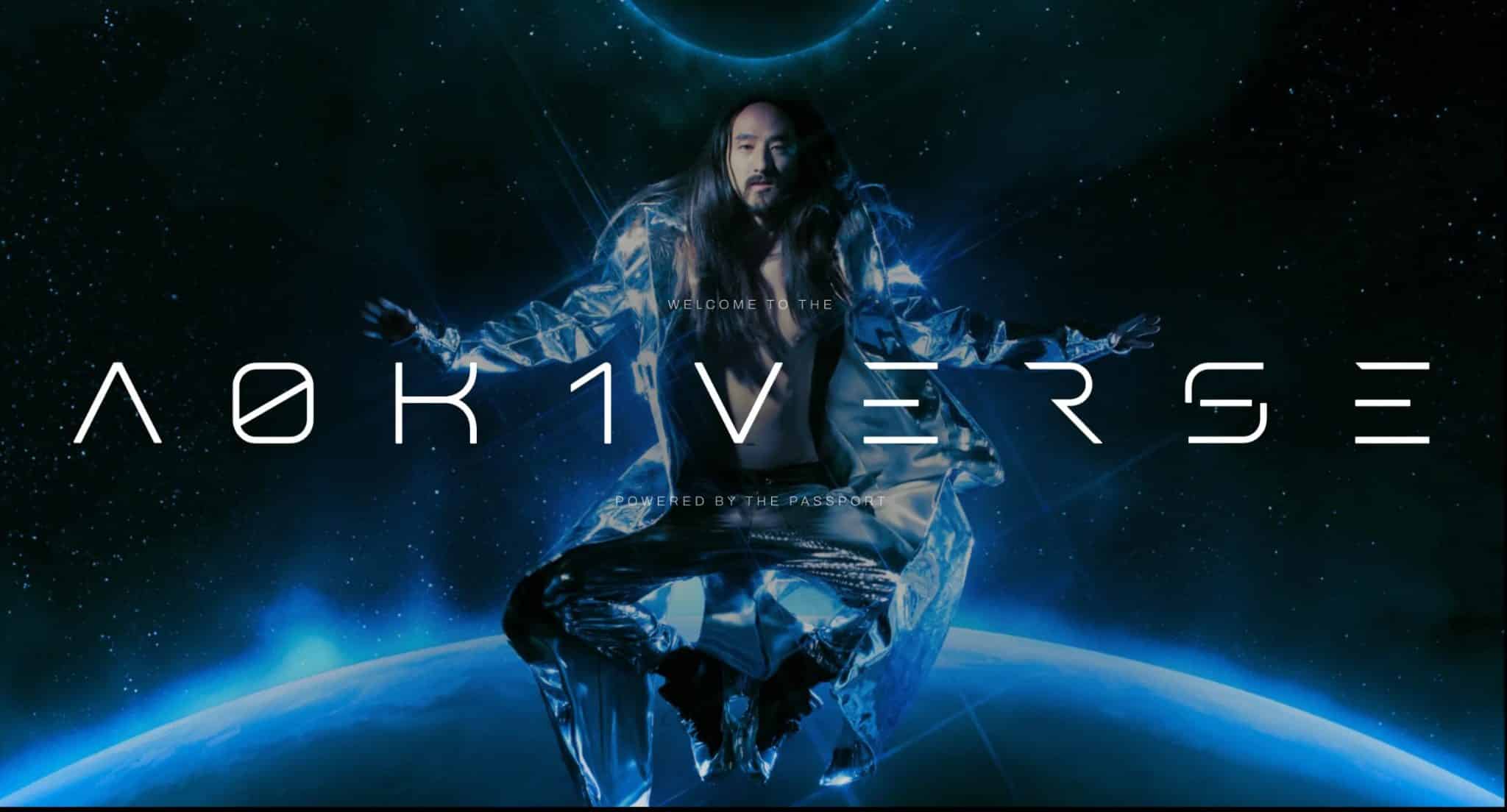 Steve Aoki floating in space with a silver jacket and "Welcome To the aokiverse" printed in text over him