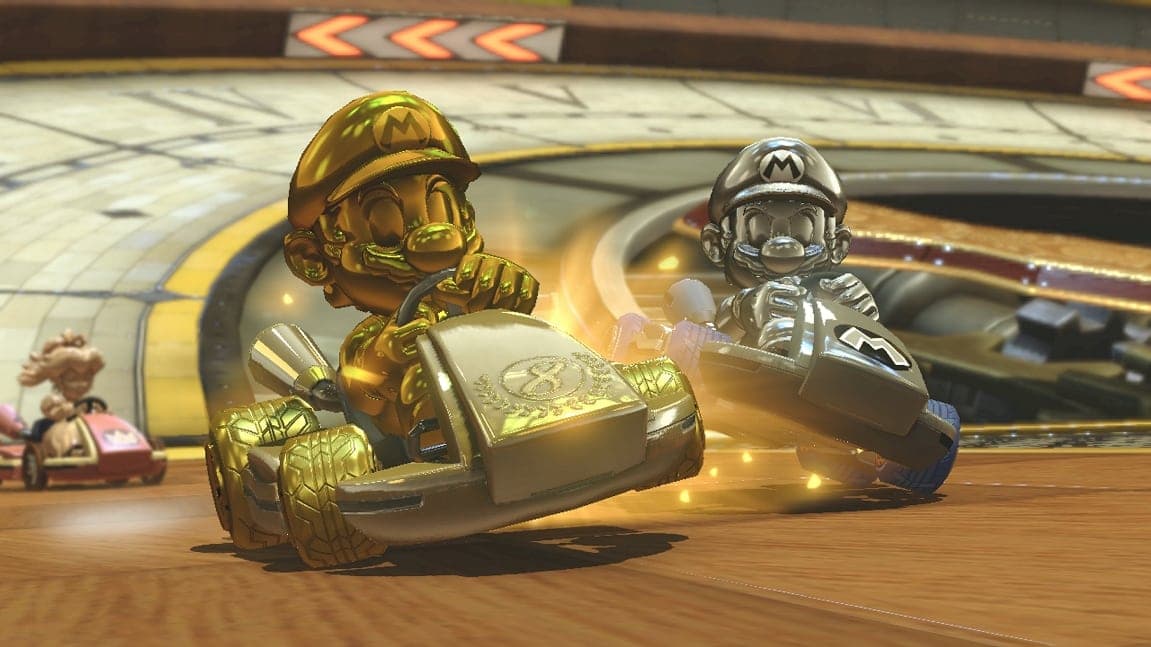 A screenshot of Mario Kart 8 Deluxe Gold Kart Parts being used in a race.