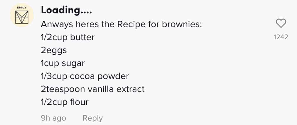 TikTok user comments a brownie recipe