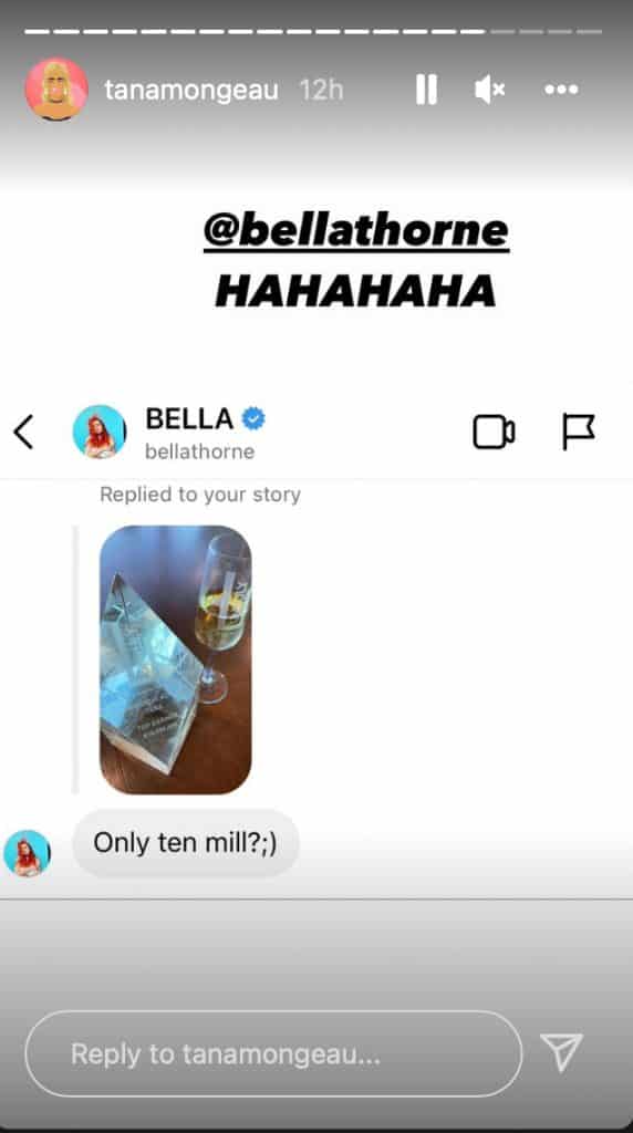 Tana Mongeau posts a DM from Bella Thorne