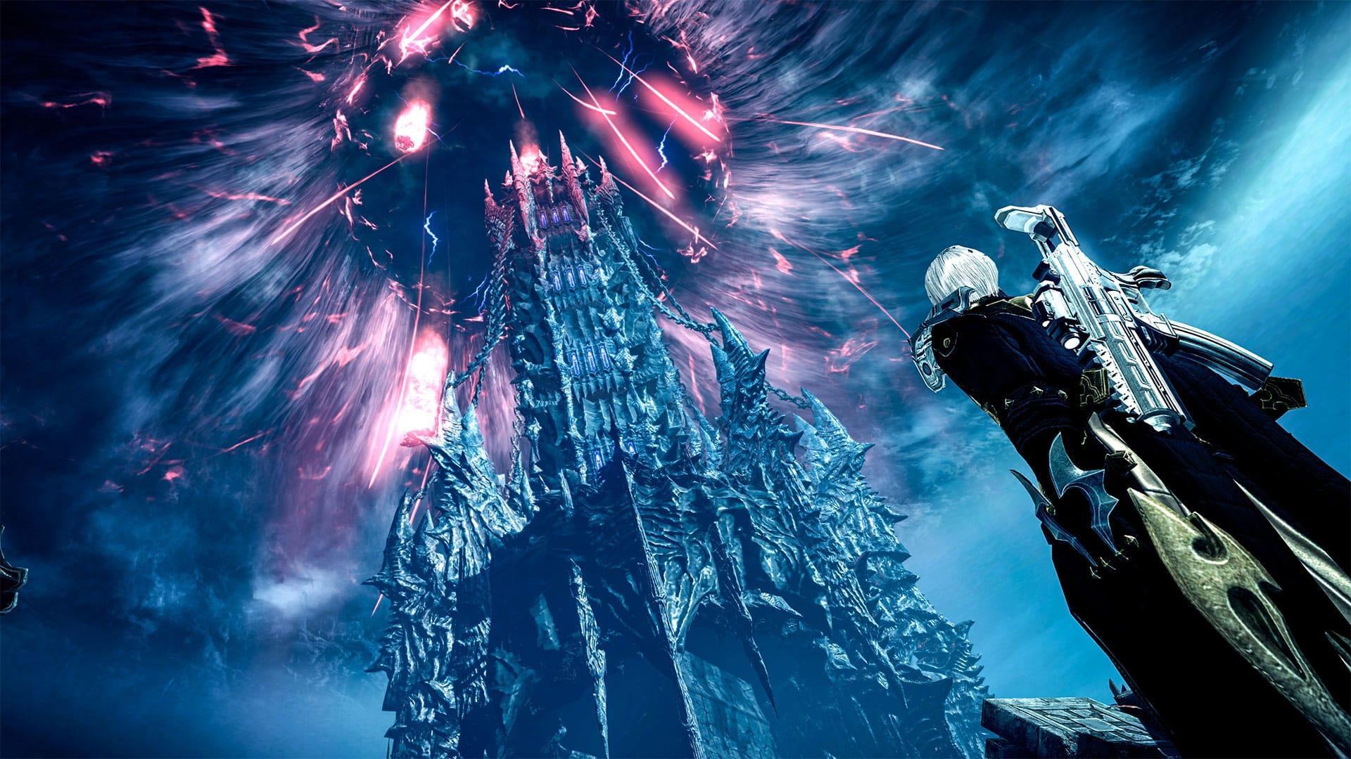 lost ark character looks at a large tower as meteors rain from the sky