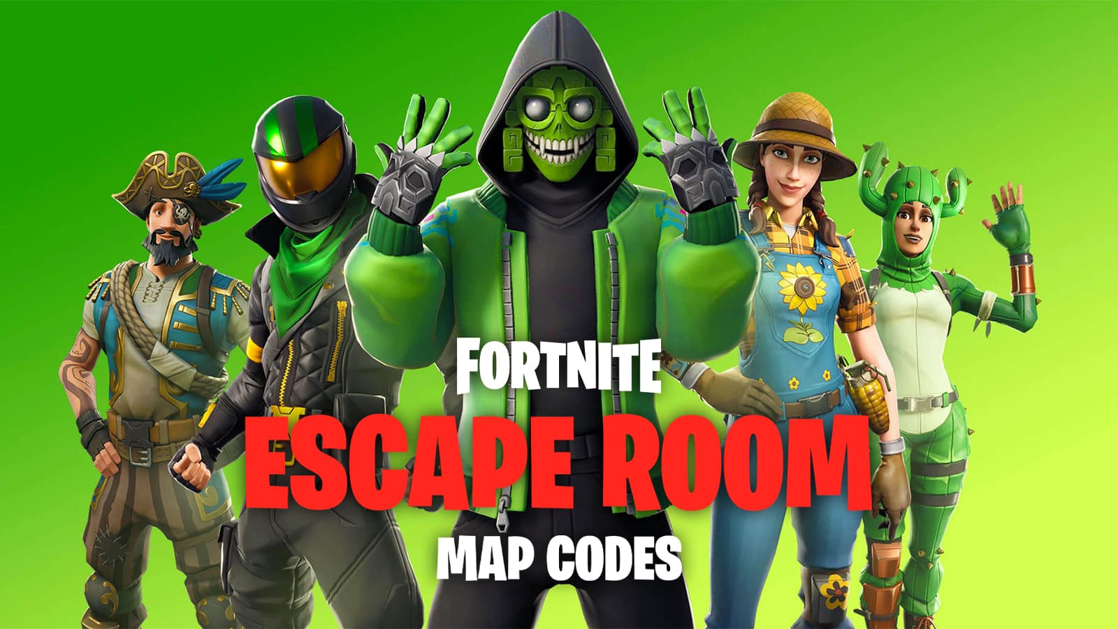 An image of Fortnite characters with the text 'escape room codes'