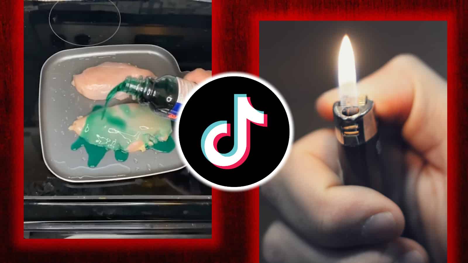 Nyquil chicken trend next to a lighter and the TikTok logo