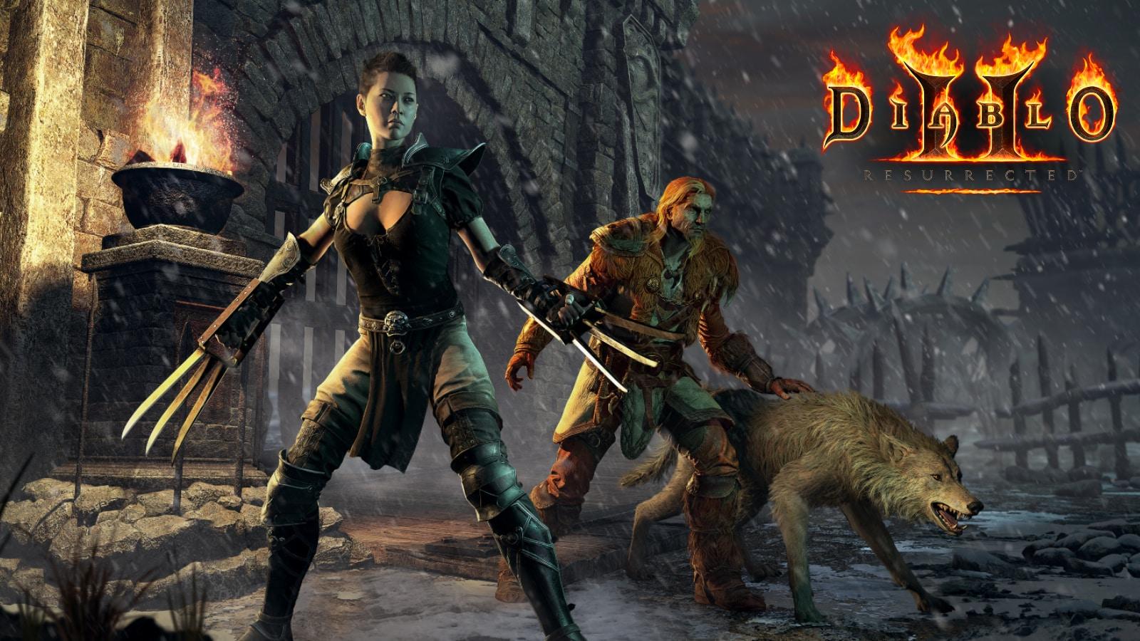 diablo 2 resurrected druid and assassin stand outside gate