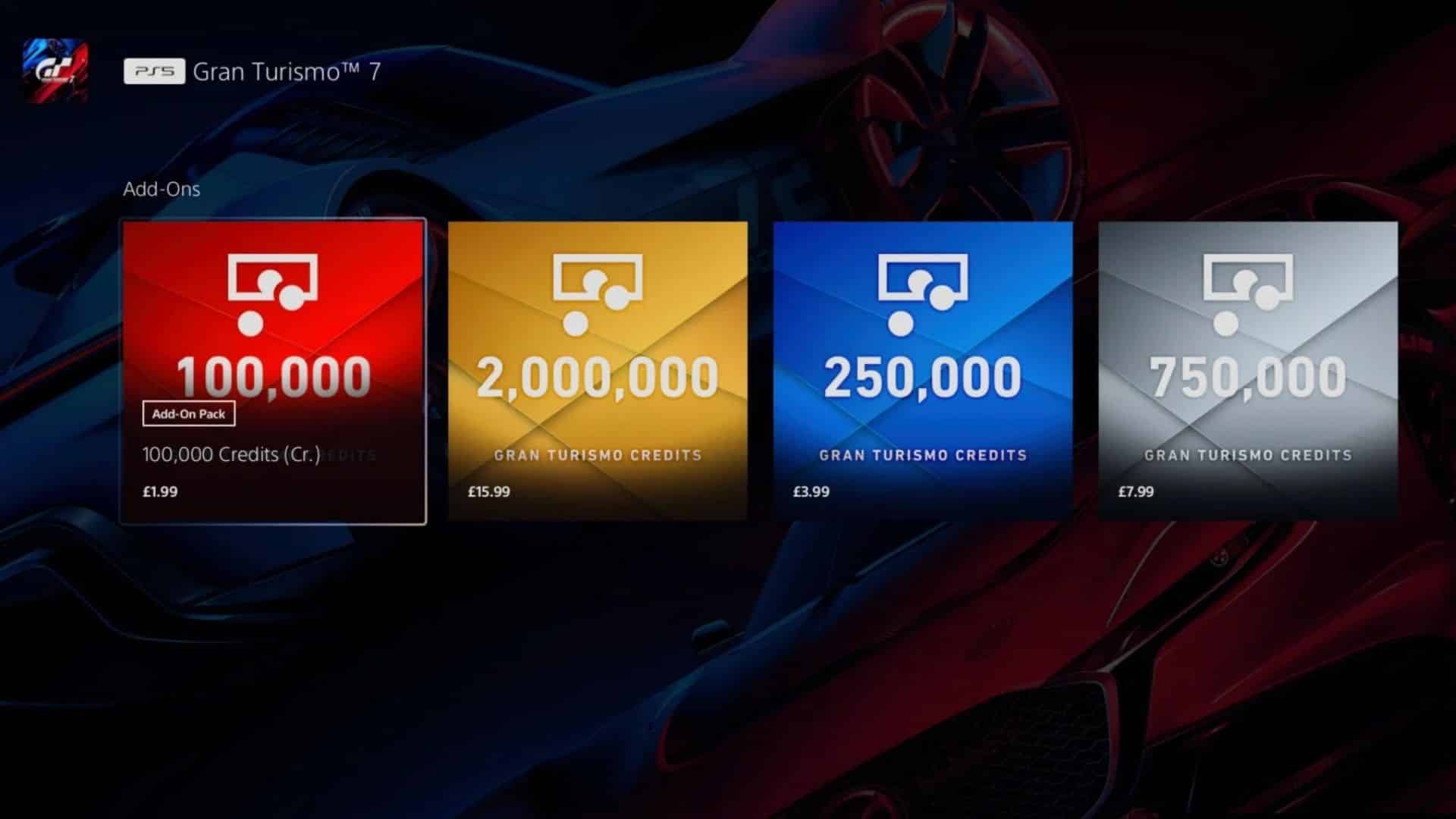 different amounts of credits that can be bought in GT7