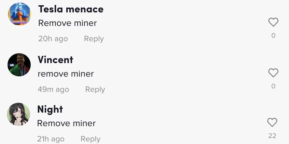 Comments reading 'remove miner'