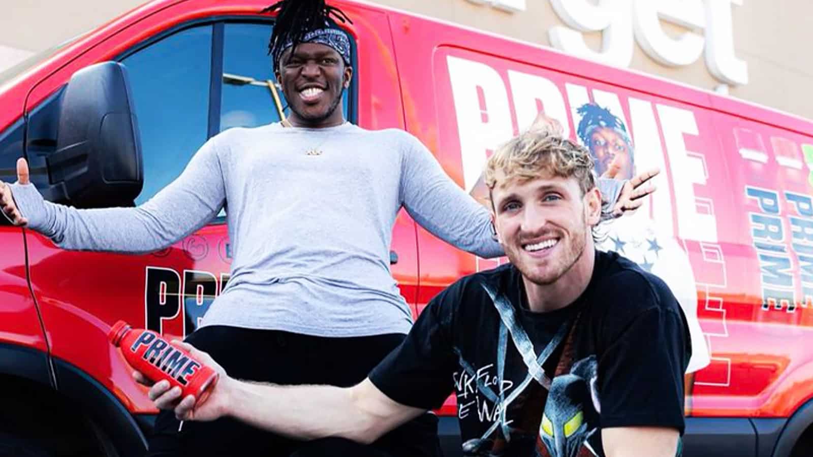 KSI and Logan Paul holding PRIME Hydration in front of Target screenshot.