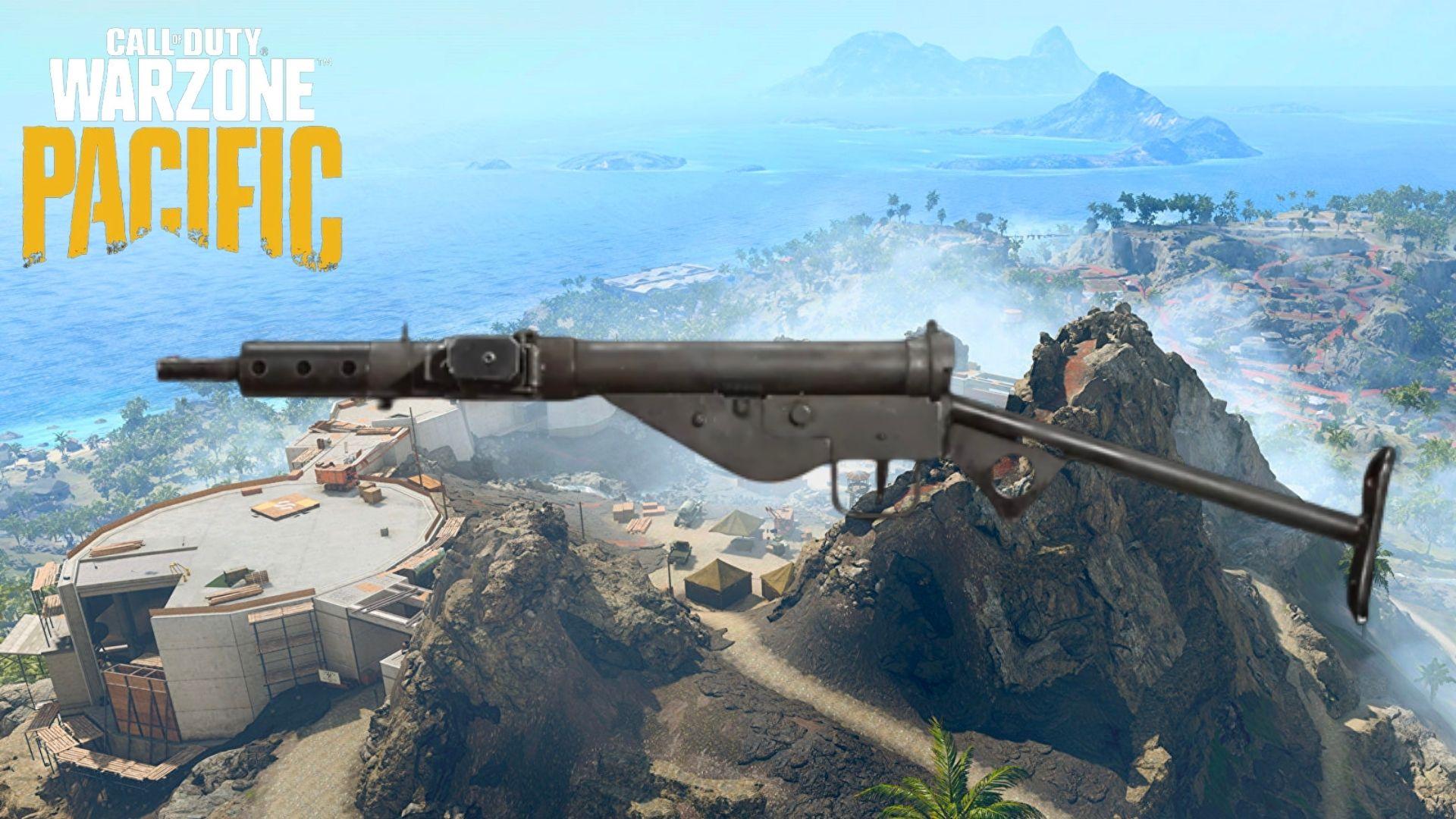 Sten SMG in Warzone Pacific Caldera map with logo
