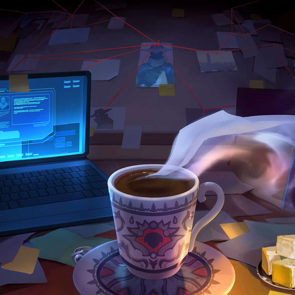 A steaming cup of tea with a computer in the foreground. In the background is a mindmap with images of valorant agents on it.