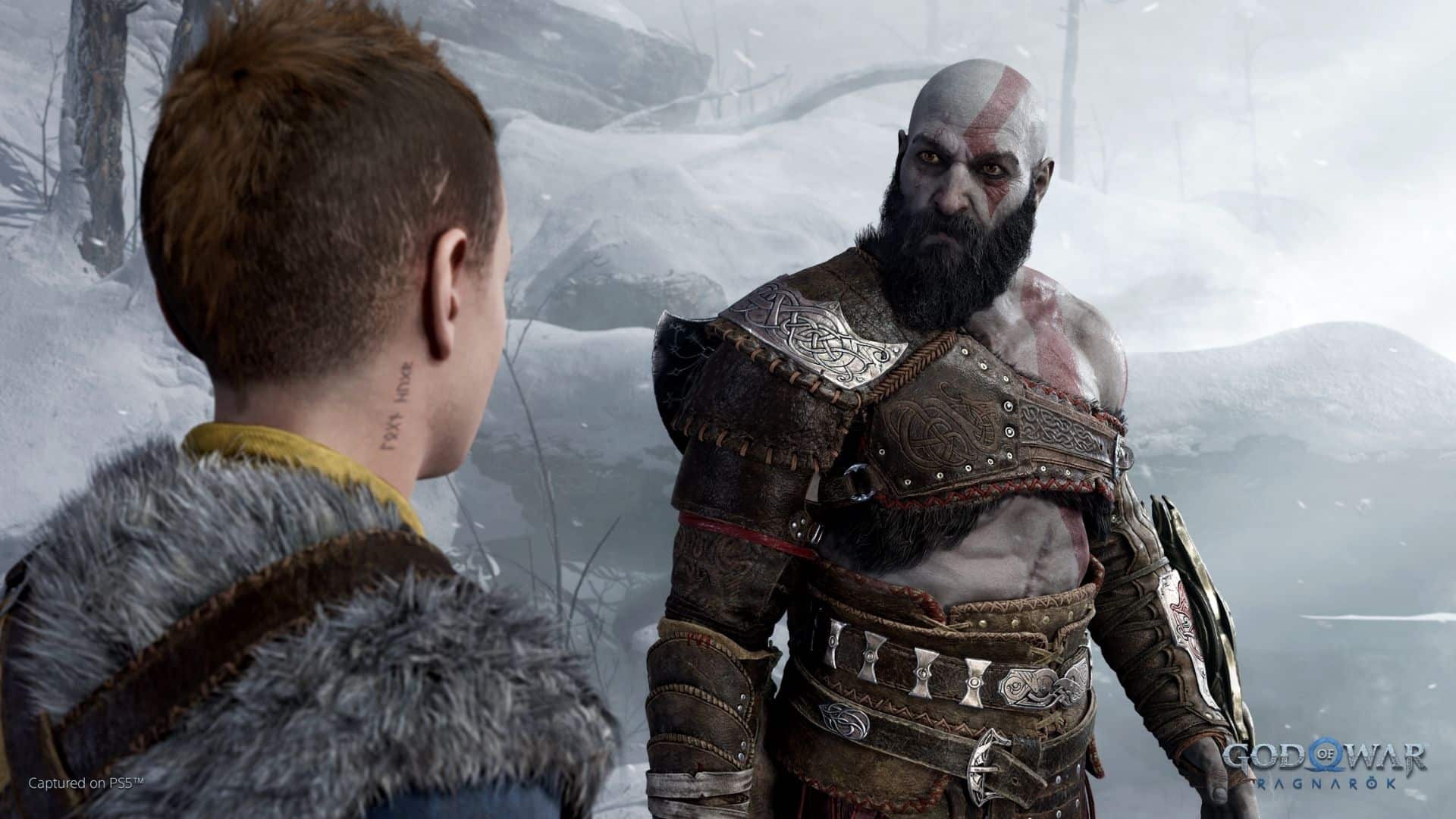kratos and atreus looking at each other in god of war ragnarok