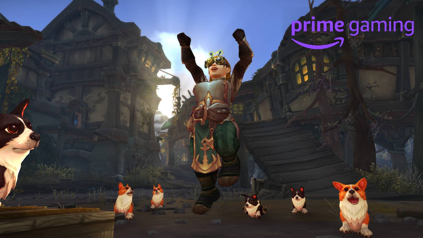 world of warcraft dwarf engineer jumps up and down surrounded by corgis