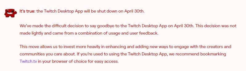 Twitch desktop app support page message