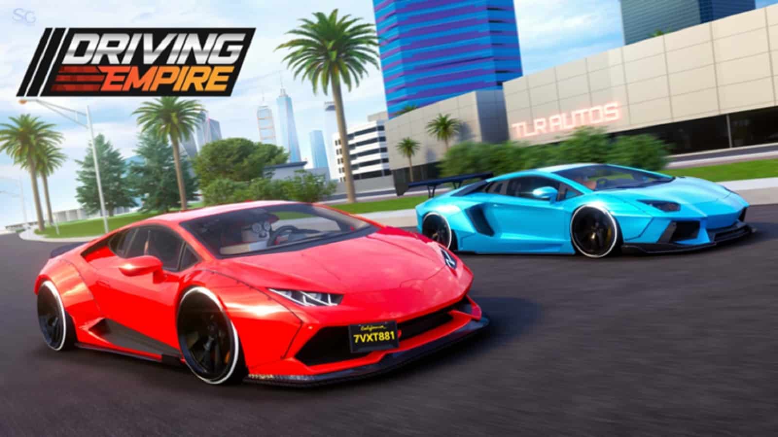 cover art for driving empire in roblox featuring a red and a blue car.
