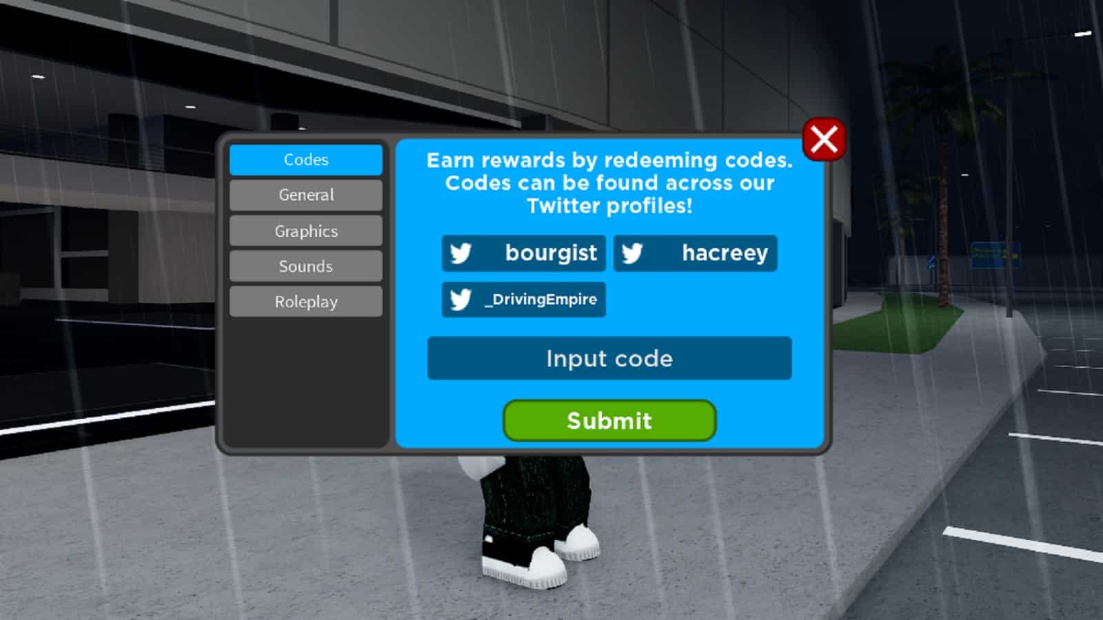 code redemption screen in driving empire on Roblox
