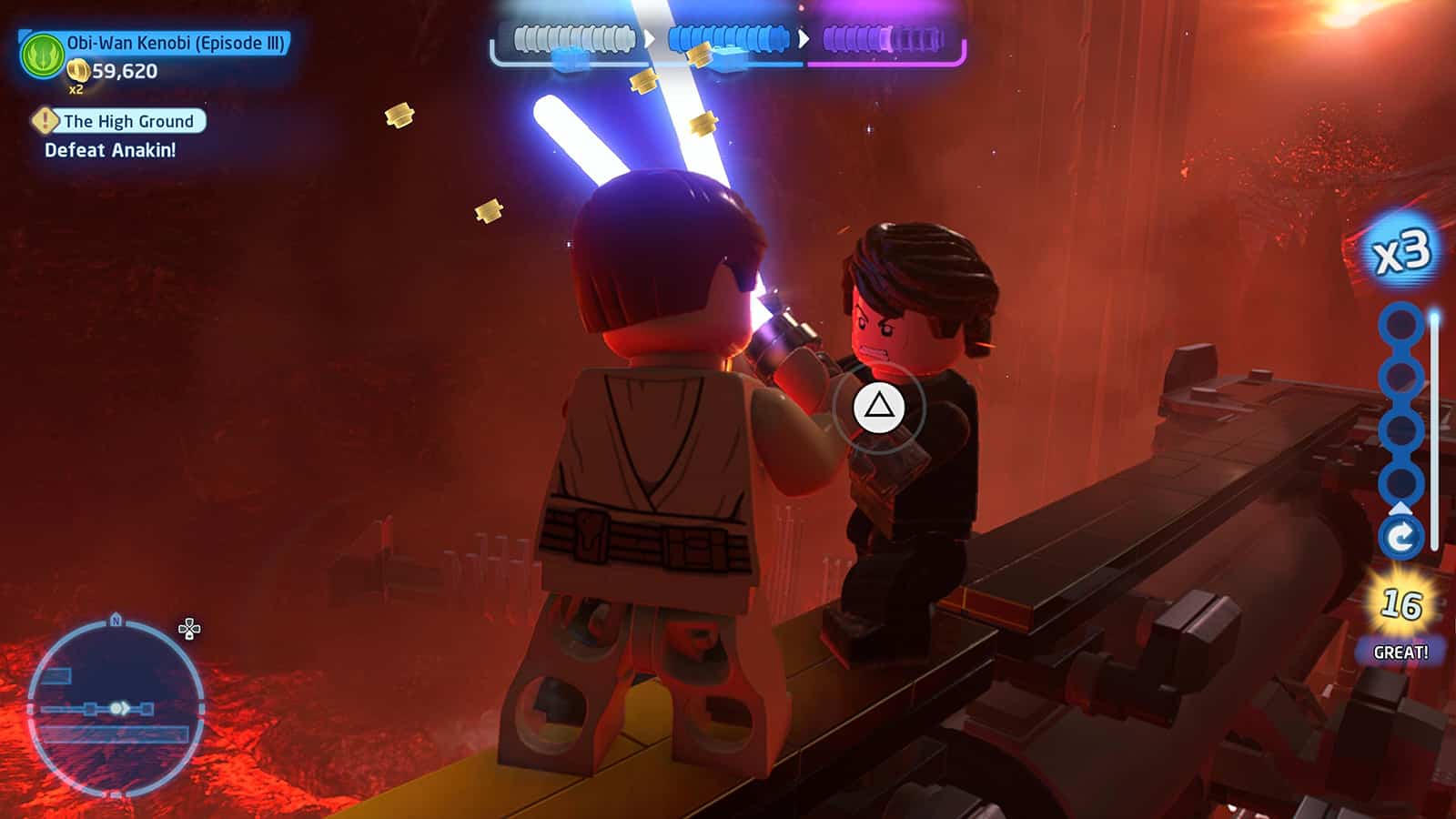 Anakin Skywalker and Obi-Wan Kenobi battling in LEGO Star Wars