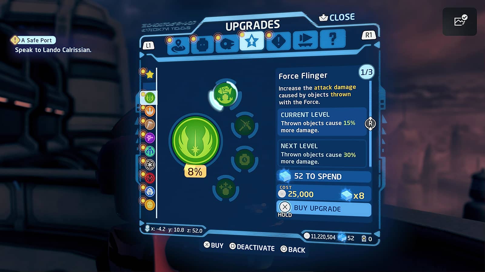 An image of the upgrade screen for the Jedi class in LEGO Star Wars: The Skywalker Saga
