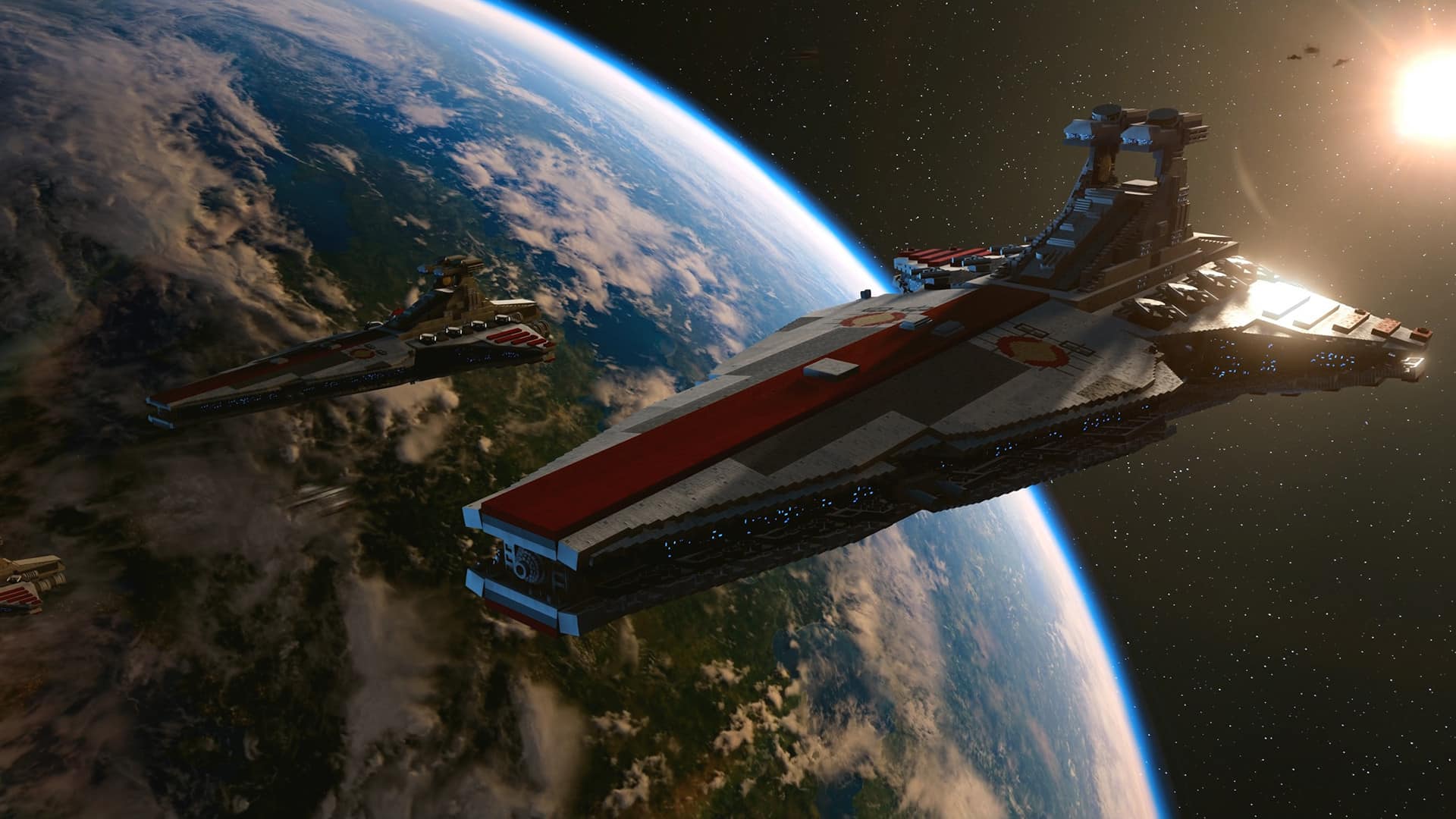 Lego Star Wars The Skywalker Saga space ship flies over Earth like planet