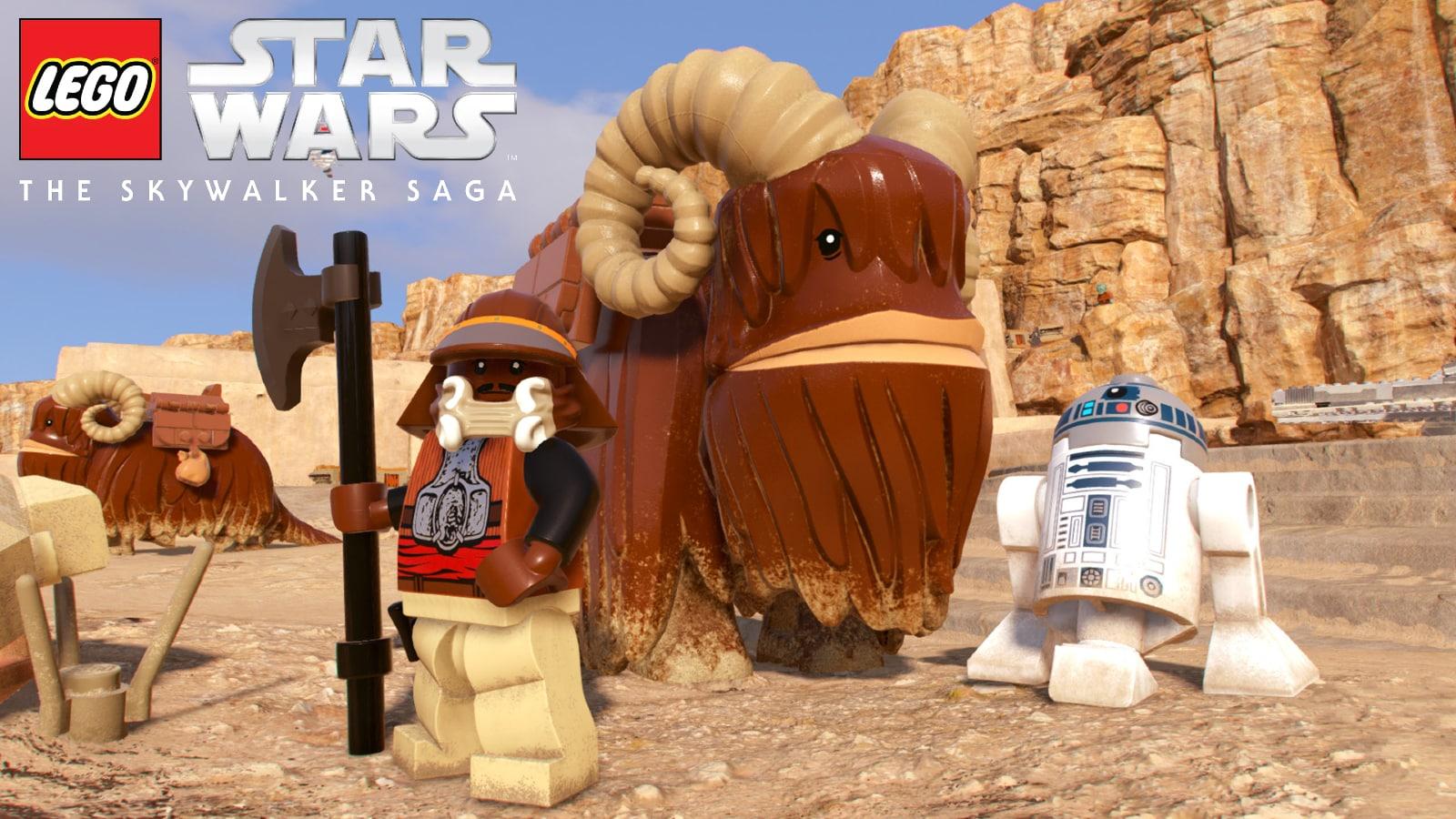 lego star wars the skywalker saga r2d2 stands with other characters in desert