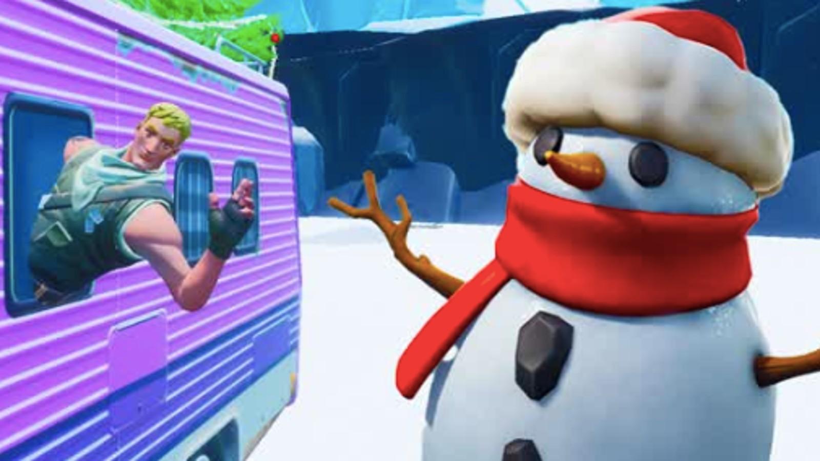 A snowman and fortnite character in the snow