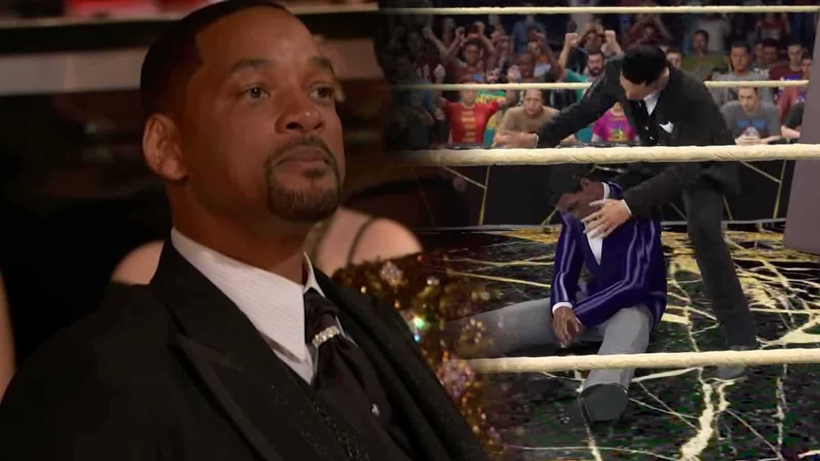 Will Smith crying at Oscars next to WWE 2k22 gameplay