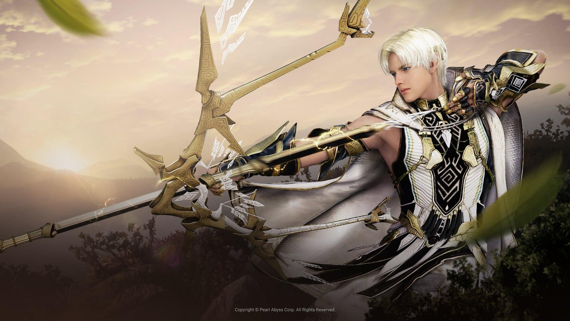 black desert online bdo male archer with white hair shoots golden bow 