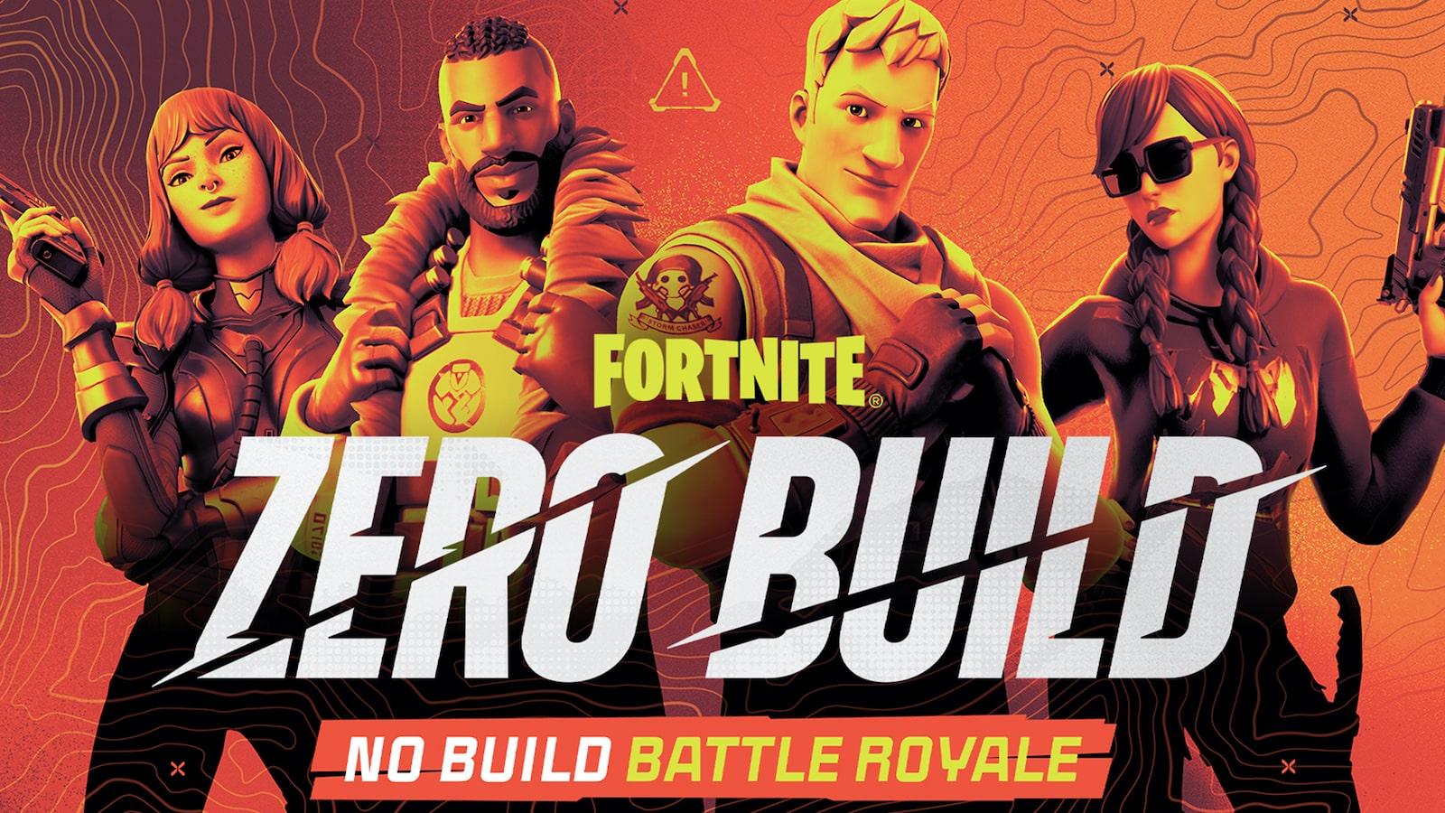 fortnite zero build battle royale mode poster four characters stand together looking at camera