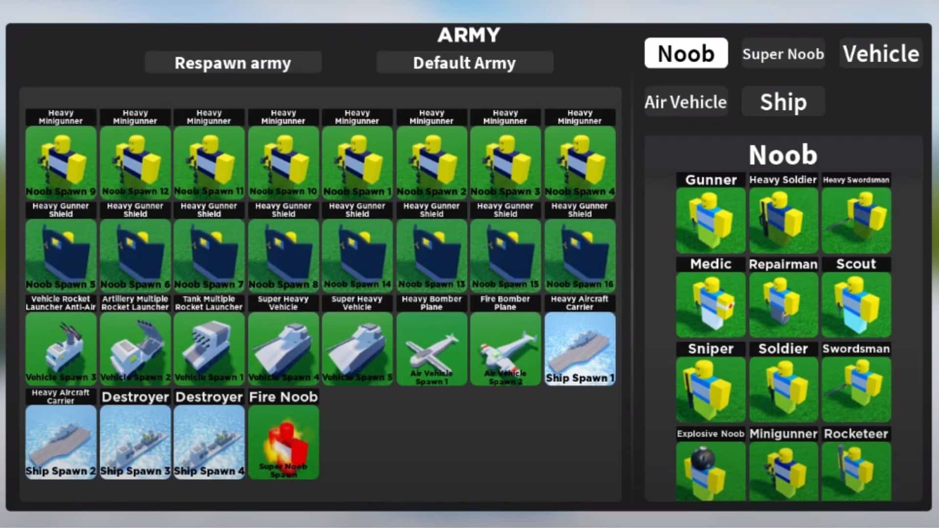 army options in noob tycoon army