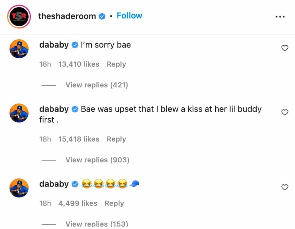 DaBaby responds to an Instagram post