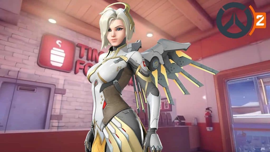 overwatch 2 mercy stands in front of tim beansons on toronto map