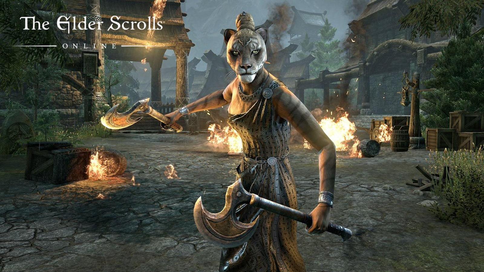 elder scrolls online eso khajiit woman in burning village looks at camera wielding two axes