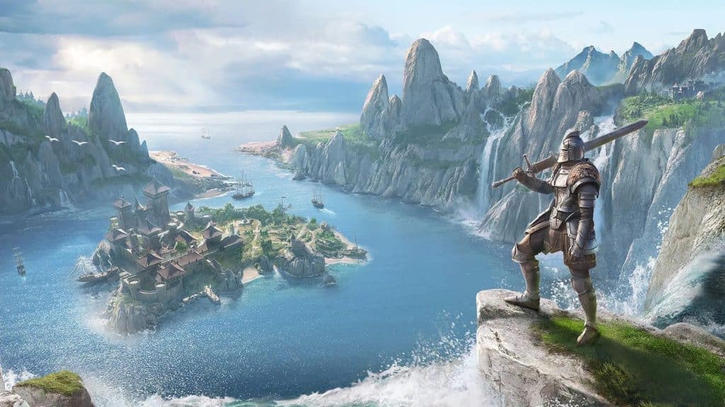 elder scrolls online eso high isle warrior with sword over shoulder looks out at island in the middle of water