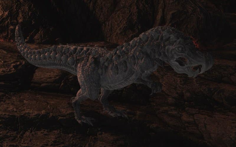 final fantasy xiv ffxiv vinegaroon dinosaur stands in cave