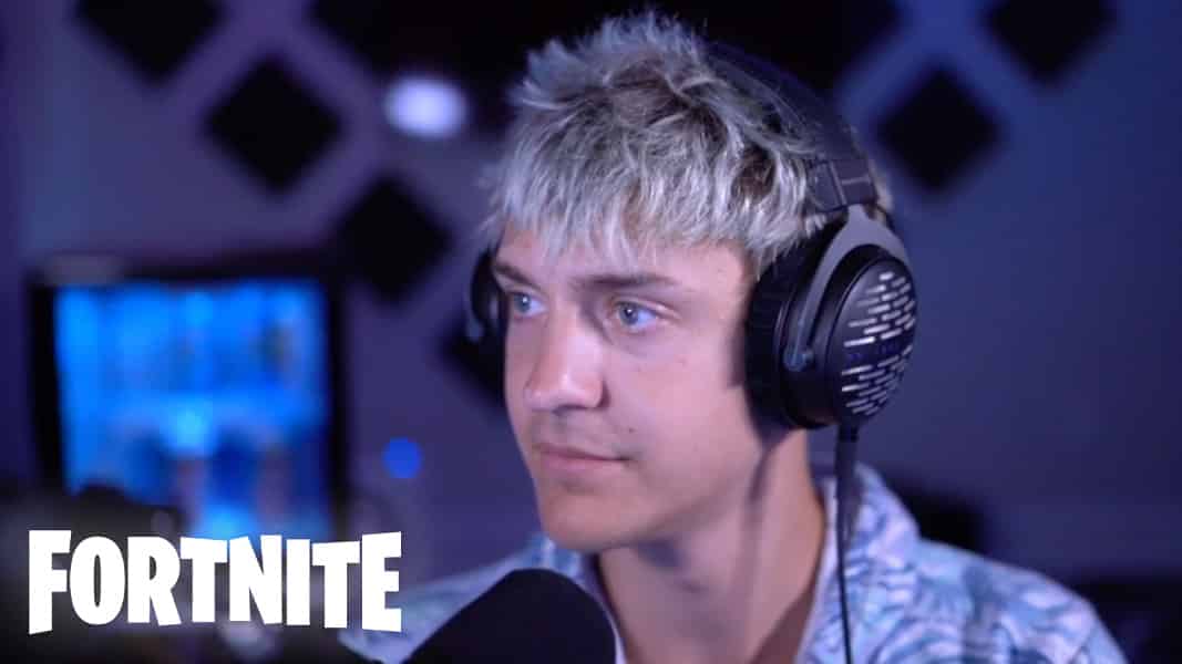 Ninja on stream next to Fortnite logo