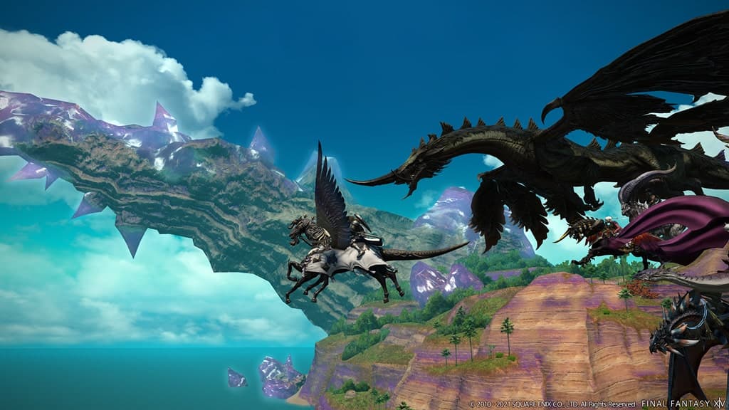 final fantasy xiv online ffxiv players riding pegasus mount over giant canyon with lake