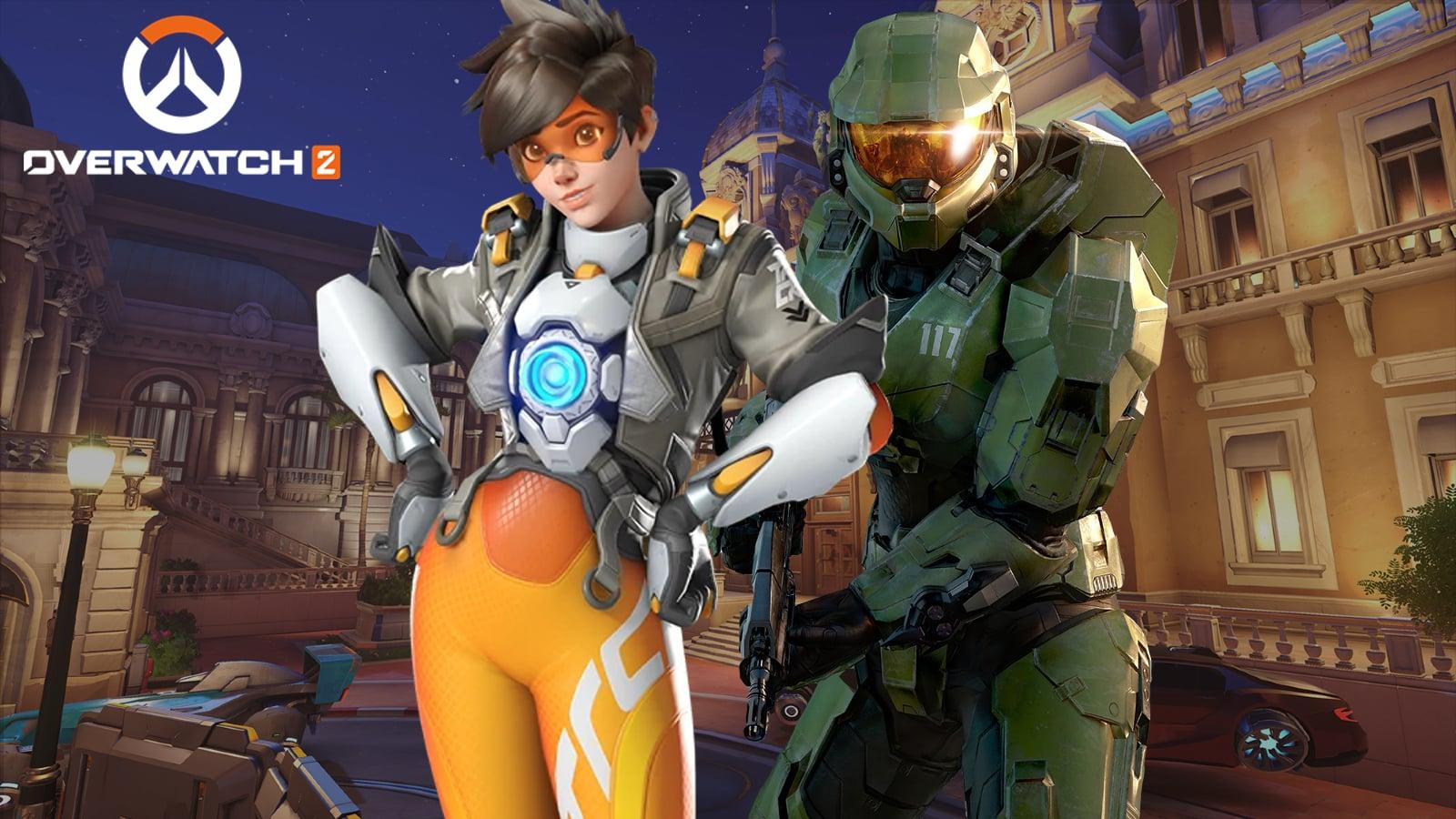 overwatch 2 tracer and halo infinite master chief stand on monte carlo background with ow2 logo