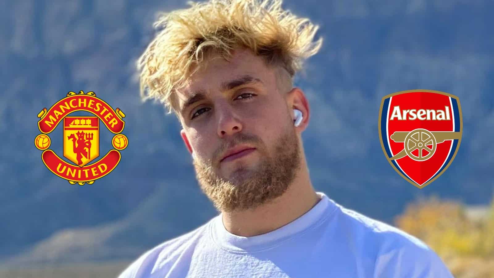 jake paul with manchester united crest and arsenal crest
