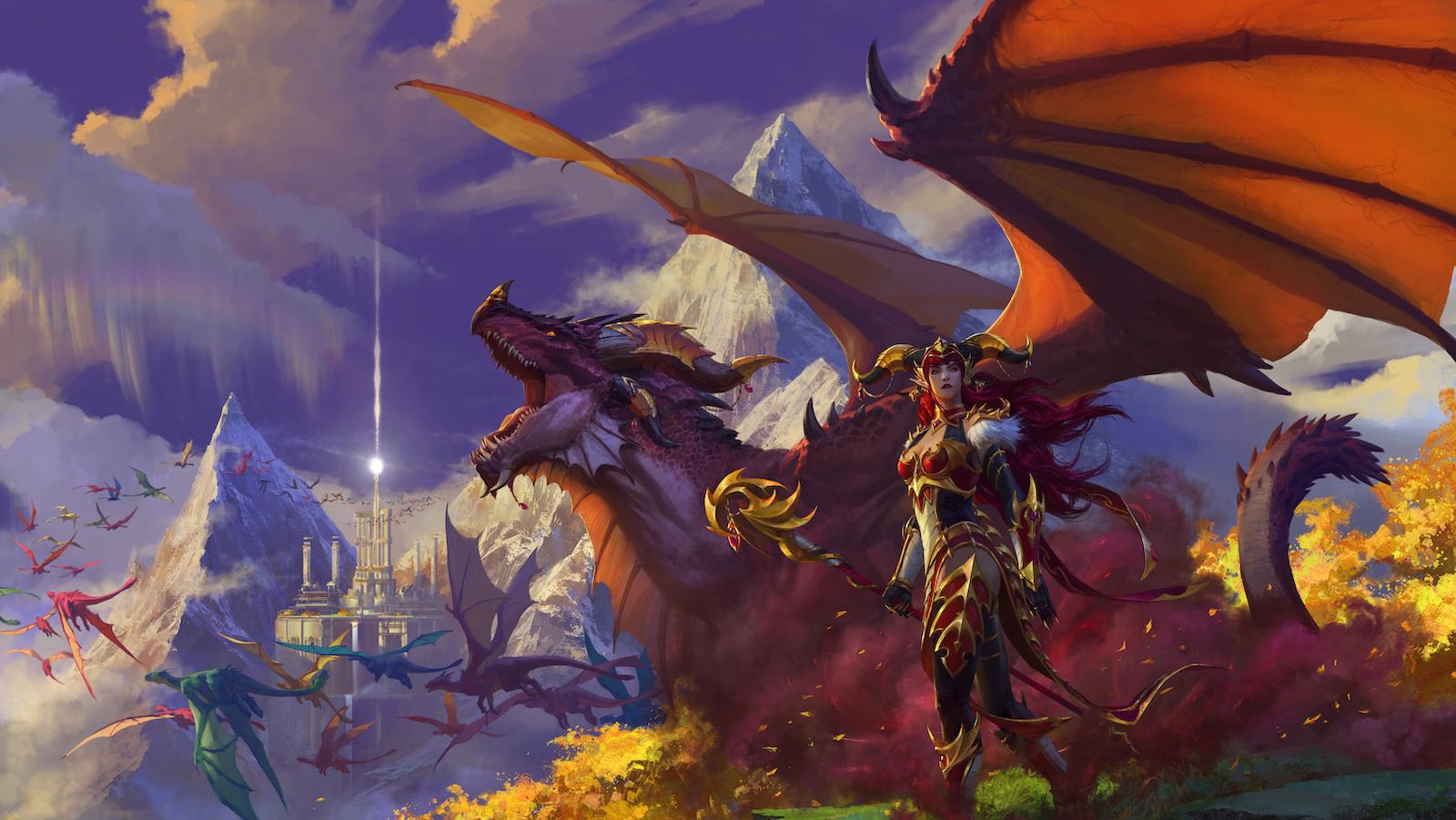 world of warcraft wow dragonflight alextrasza with dragons flying behind her