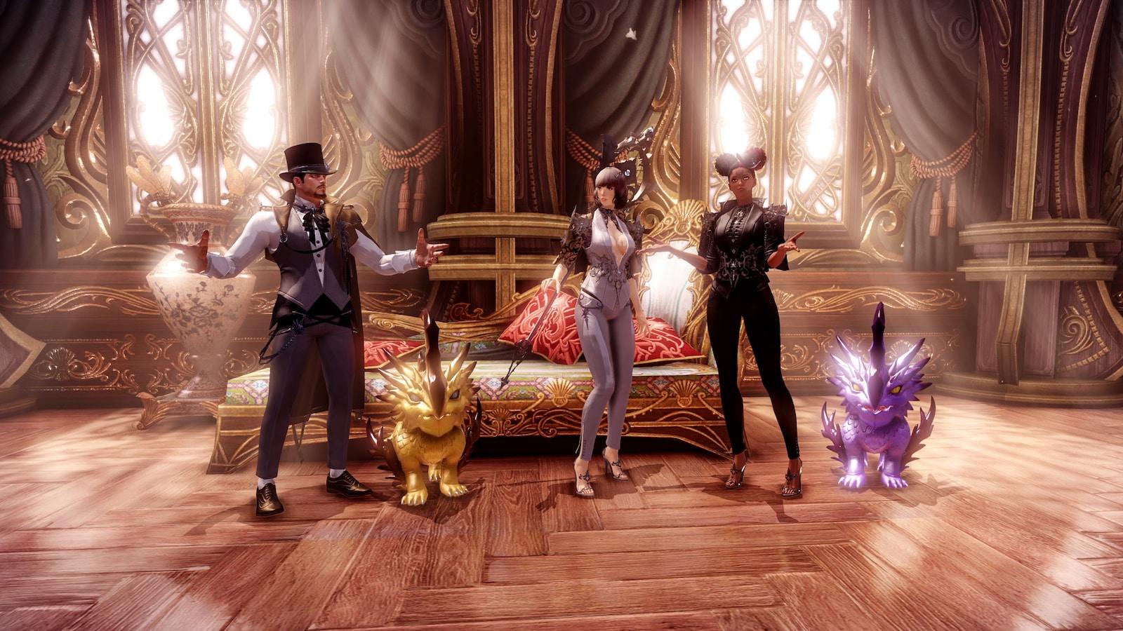 lost ark characters mage martial artist in noble banquet outfits with pets